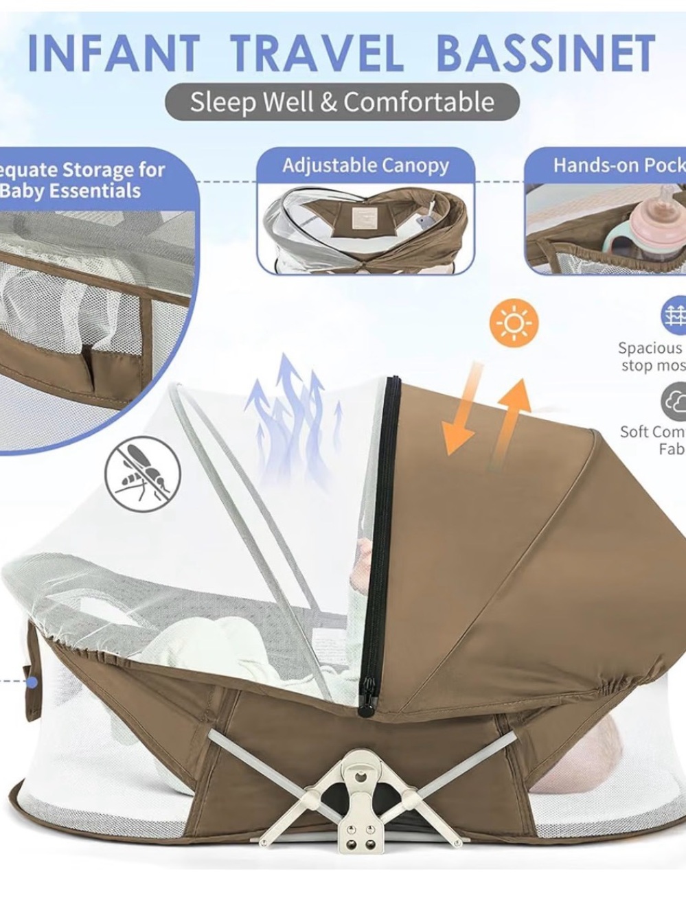 Amazon Infant Travel Bassinet in Brown with White Mesh Canopy
